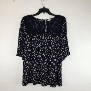 Monsoon Blouse 18 Blue Floral Short Sleeve Lace Round Neck Pullover Linen Blend